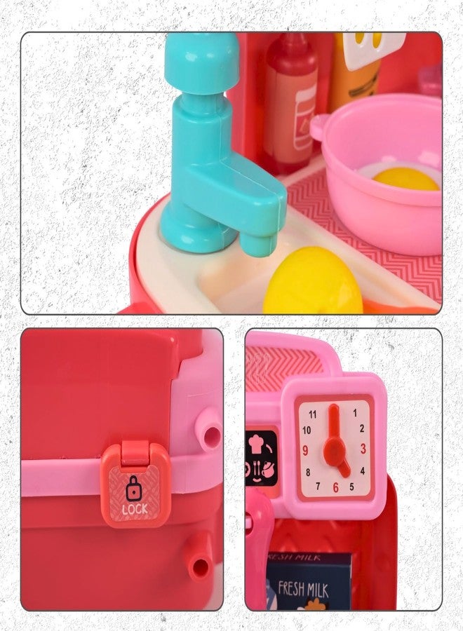 Cable World 2 in 1 Baby Kitchen Playset for Kids, School Bag Type Kitchen Set for Girls, Portable Pretend Food Party Role Cooking Kitchen Play Set Toy for Boys and Girls (Pink) - Image 3